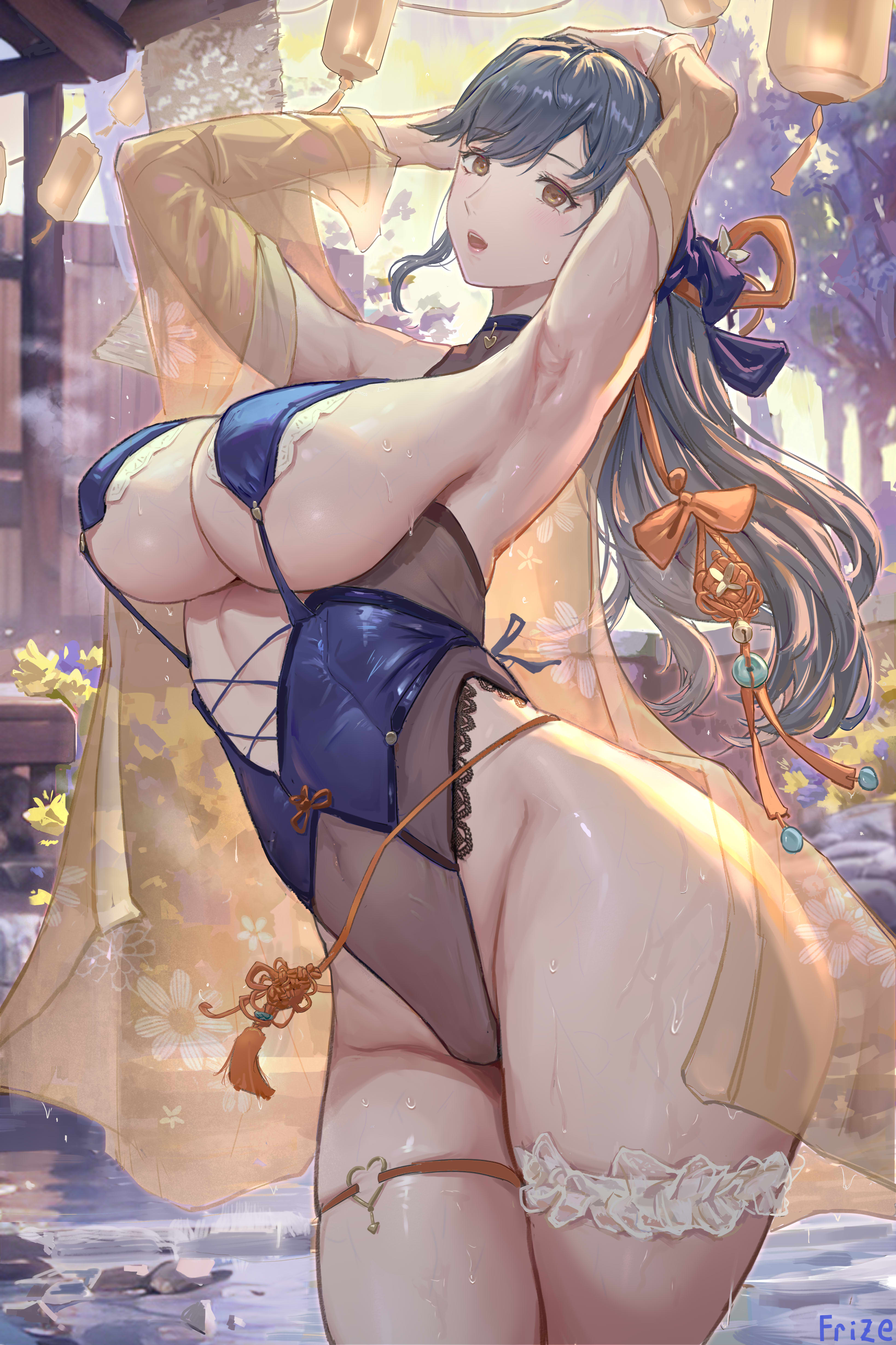 frize fulei, original, absurdres, highres, 1girl, armpit crease, black hair, breasts, brown eyes, detached sleeves, large breasts, long hair, looking at viewer, mature female, solo, swimsuit, thigh strap, wet