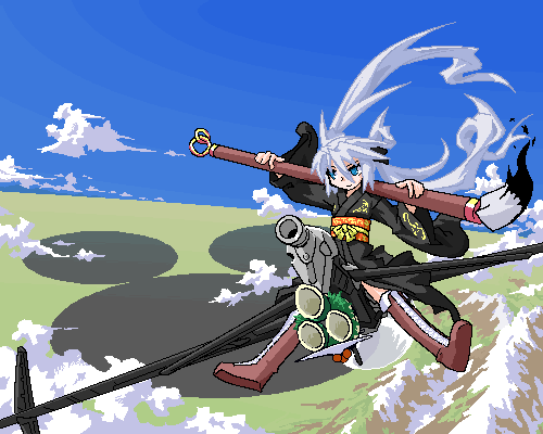 mof, mof's silver haired twintailed girl, original, silver hair, lowres, calligraphy brush, giant brush, oekaki, paintbrush, solo