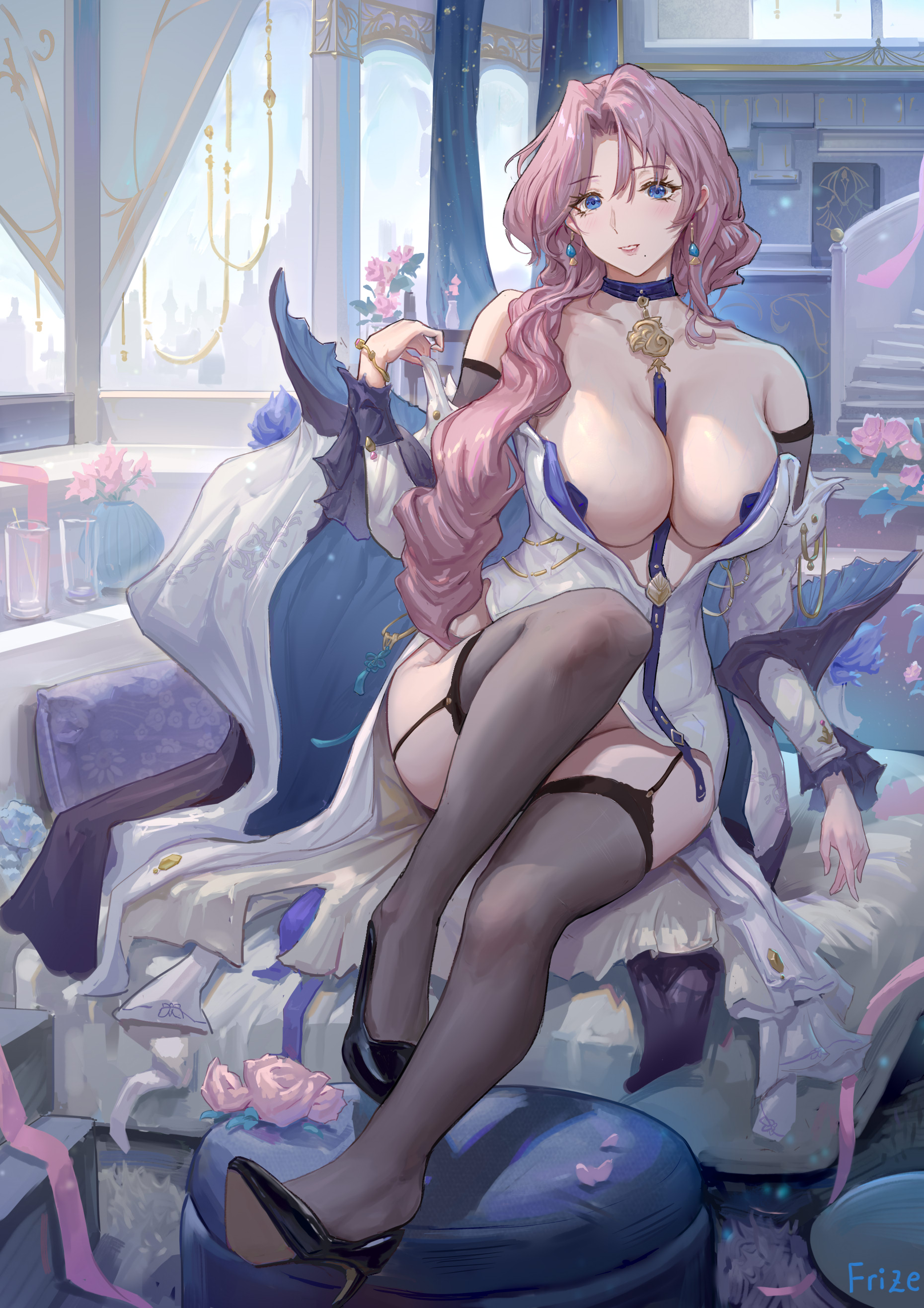 frize fulei, original, absurdres, highres, 1girl, black thighhighs, blue eyes, breasts, collar, dress, garter straps, high heels, large breasts, leash, long hair, mature female, mole, mole under mouth, pink hair, solo, thighhighs, white dress