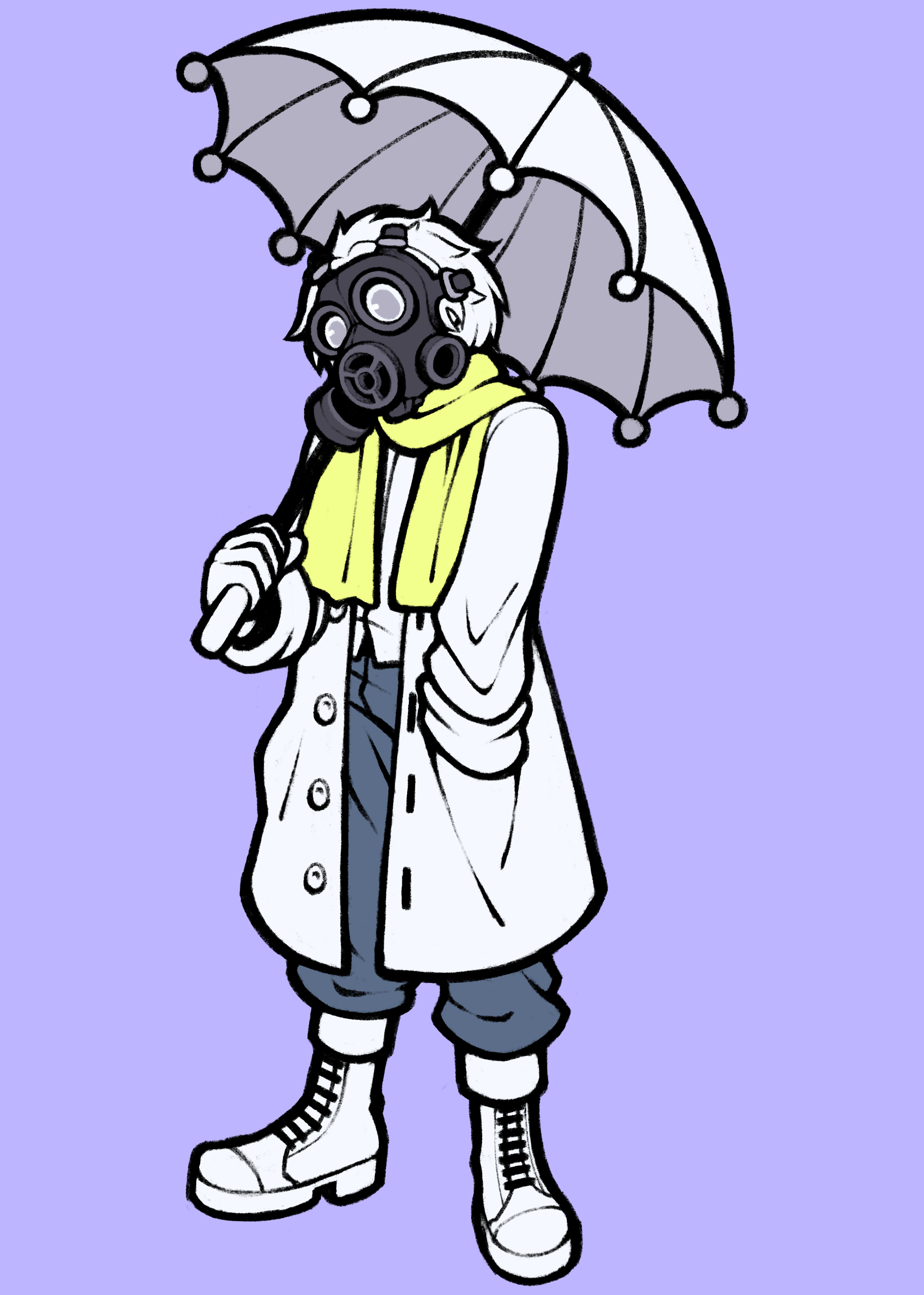 dreamscreep, clear (dramatical murder), dramatical murder, absurdres, highres, 1boy, boots, coat, gas mask, gloves, holding, holding umbrella, male focus, mask, pants, scarf, short hair, simple background, solo, standing, umbrella, white boots, white coat, white hair