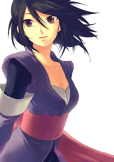 fujibayashi sheena, tales of (series), tales of symphonia, 00s, 1girl, black hair, breasts, cleavage, female focus, japanese clothes, lipstick, makeup, ninja, purple eyes, short hair, simple background, solo