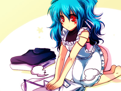hio (artist), alfimi, banpresto, super robot wars, fume, lowres, 1girl, :<, all fours, apron, bare shoulders, barefoot, black sweater, blue hair, blush, closed mouth, earrings, female focus, frilled apron, frills, hair between eyes, jewelry, long hair, no panties, own hands together, red eyes, shiny skin, solo, sweater, tareme, turtleneck, turtleneck sweater, two-tone background, v arms, white apron