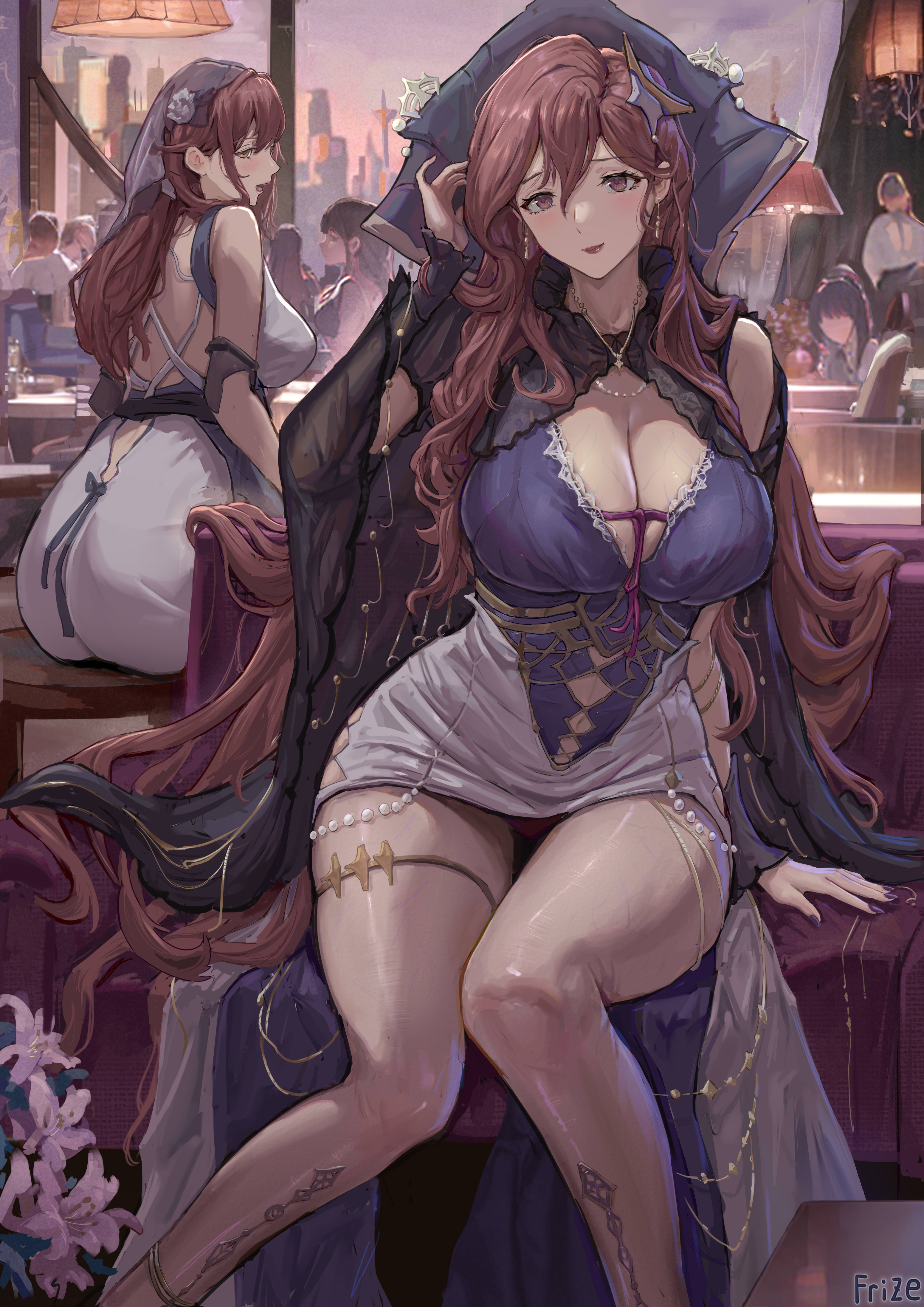 frize fulei, original, absurdres, highres, 2girls, breasts, dress, hair ornament, large breasts, long hair, looking at viewer, mature female, multiple girls, pantyhose, purple dress, purple eyes, red hair, thighs, veil
