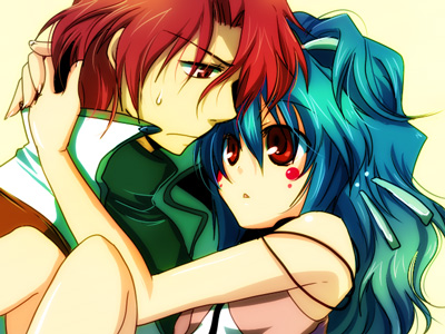 hio (artist), alfimi, axel almer, banpresto, super robot wars, super robot wars advance, super robot wars impact, super robot wars original generation, lowres, 1boy, 1girl, blue hair, carrying, facial mark, long hair, princess carry, red eyes, red hair, short hair, sweatdrop