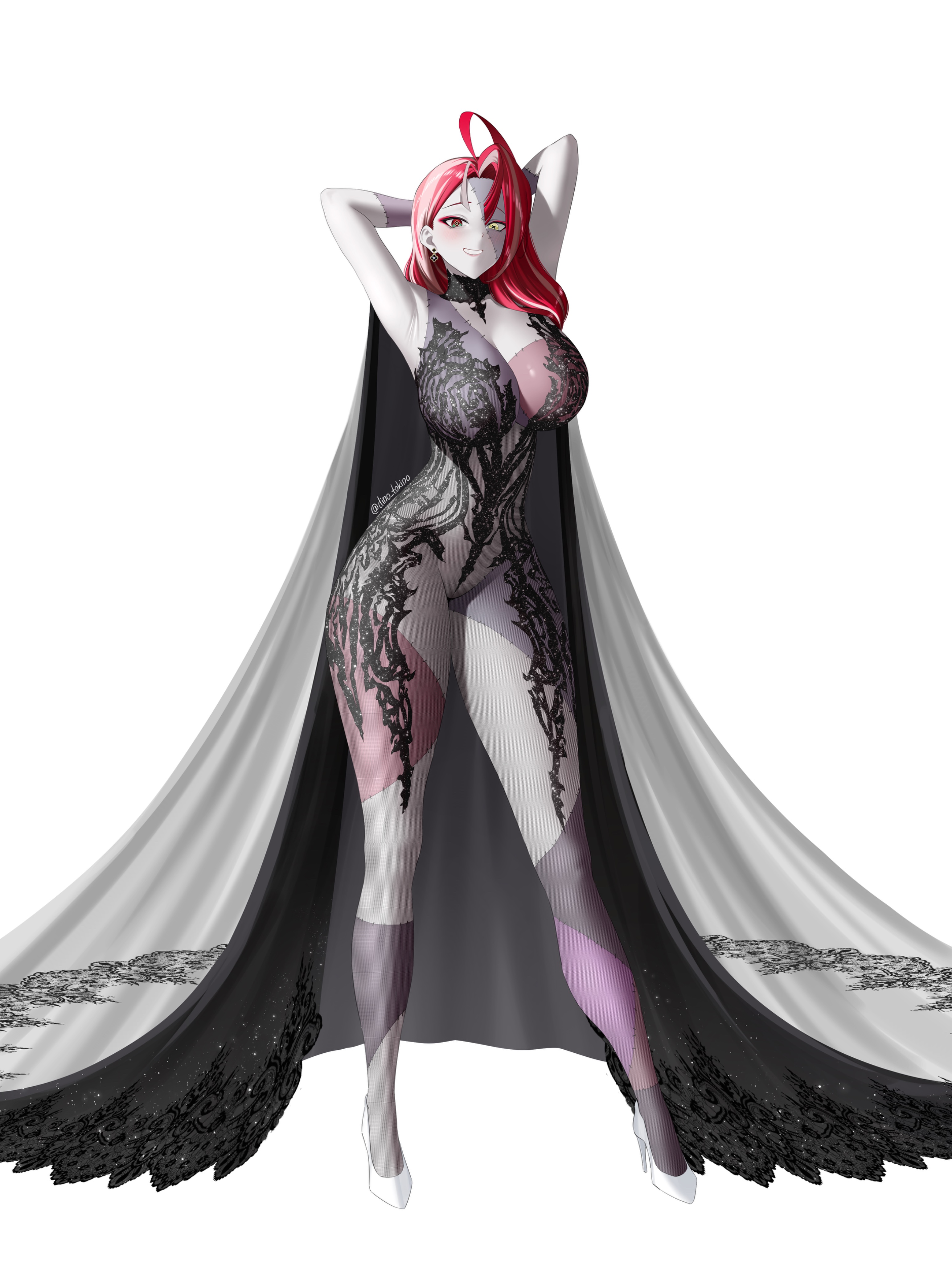 dino tokino, sallie (kureiji ollie), hololive, hololive indonesia, armpits, arms behind head, artist name, blush, breasts, cape, chronopattern dress, colored skin, full body, heterochromia, high heels, large breasts, long hair, looking at viewer, multicolored hair, red eyes, red hair, shoes, smile, stitches, thick thighs, thighs, white background, white shoes, wide hips, yellow eyes, zombie