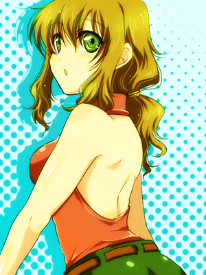 hio (artist), christina sierra, gundam, gundam 00, lowres, 00s, 1girl, :o, bare shoulders, belt, brown hair, female focus, green eyes, halterneck, long hair, looking back, open mouth, shoulder blades, sleeveless, solo, wavy hair