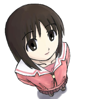 morichan, kasuga ayumu, azumanga daiou, lowres, brown eyes, brown hair, foreshortening, from above, long hair, looking up, school uniform, serafuku, skirt, solo, white background
