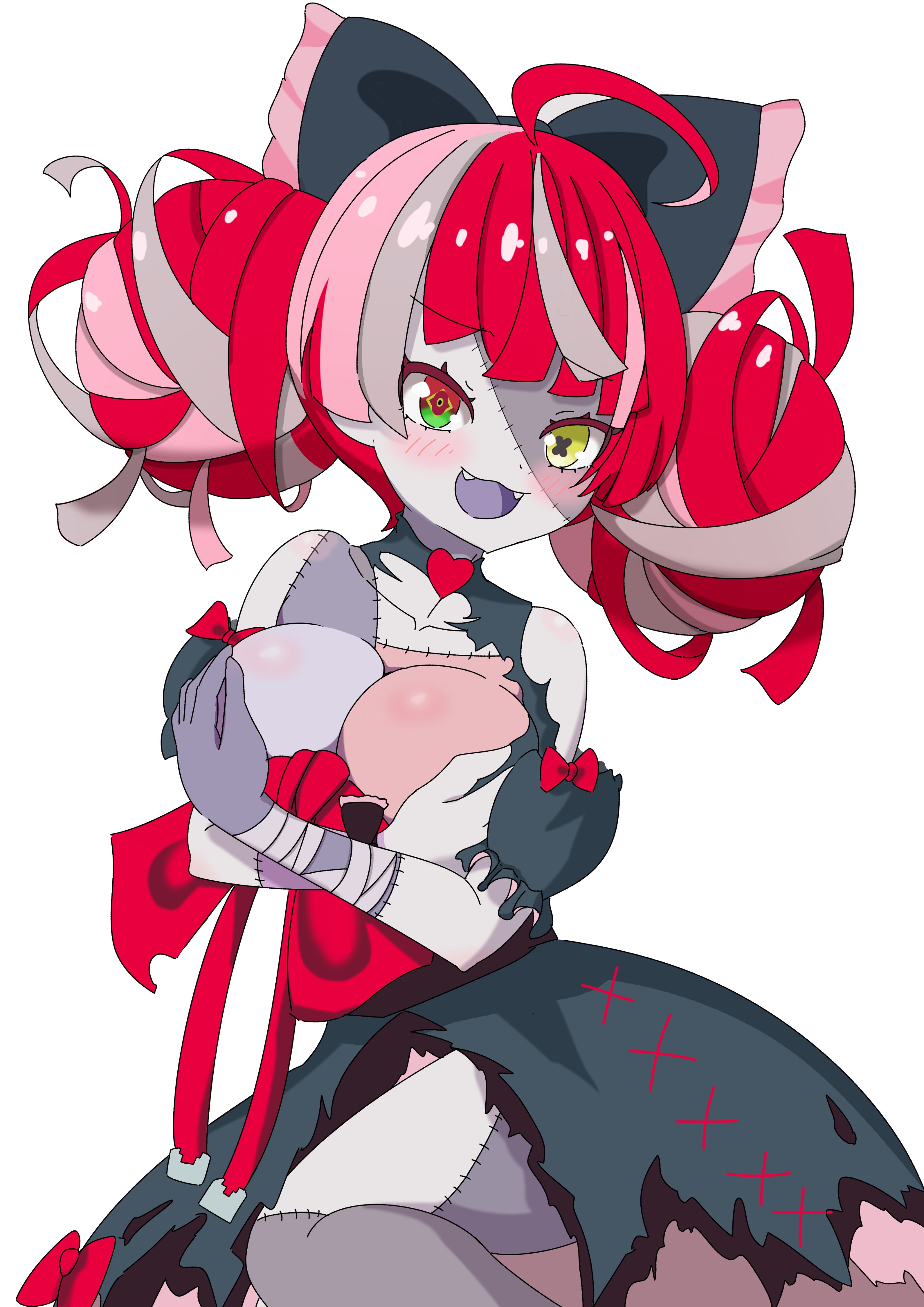 kureiji ollie, hololive, hololive indonesia, alternate breast size (larger), blush, breasts, covering breasts, covering privates, diamond-shaped pupils, diamond (shape), hair ribbon, heterochromia, large breasts, looking at viewer, multicolored hair, open mouth, red eyes, red hair, ribbon, stitches, symbol-shaped pupils, torn clothes, virtual youtuber, x-shaped pupils, yellow eyes, zombie