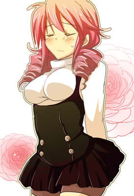 hio (artist), feldt grace, gundam, gundam 00, lowres, 00s, 1girl, arms behind back, blush, breasts, closed eyes, dress, drill hair, female focus, large breasts, pink hair, skirt, solo, twin drills, twintails