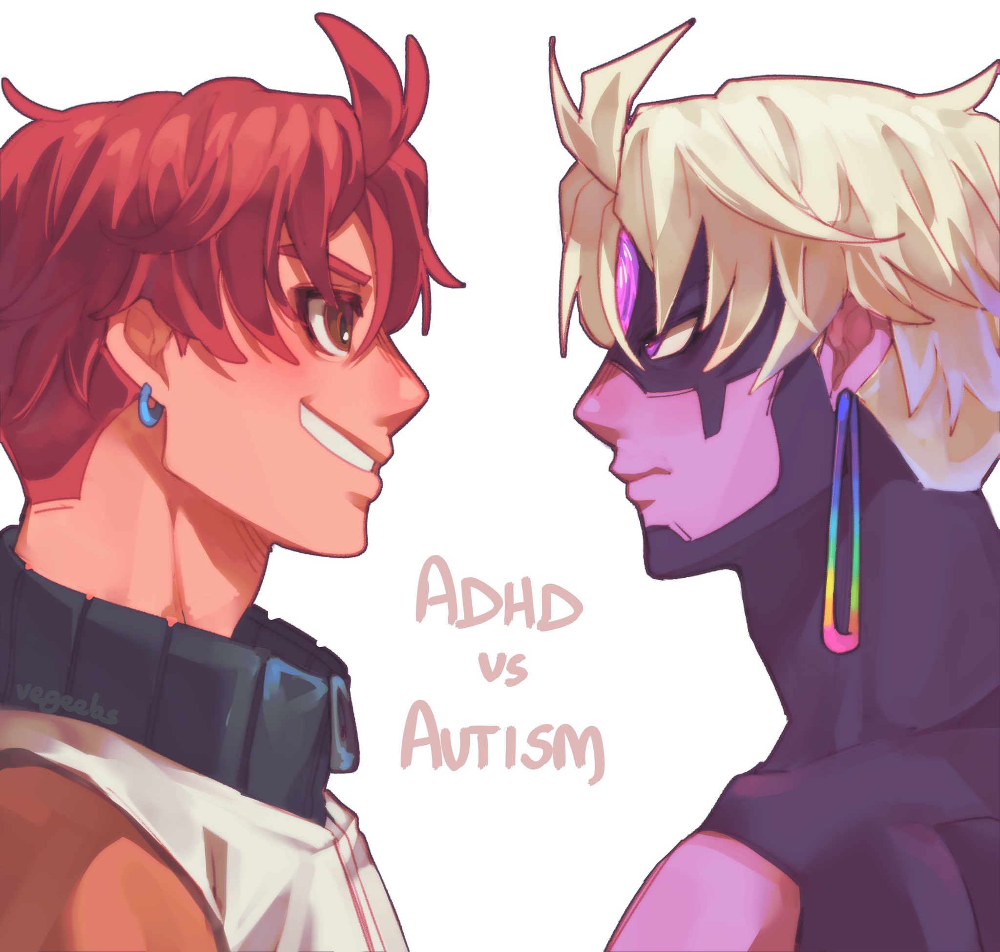 addy (@vegeebs), enjoji jin, evil eye (dandadan), dandadan, commentary, highres, 2boys, brown eyes, closed mouth, dual persona, earrings, english text, jewelry, looking at another, male focus, multiple boys, parted lips, possessed, profile, purple eyes, red hair, short hair, simple background, smile, third eye, upper body, white background, white hair