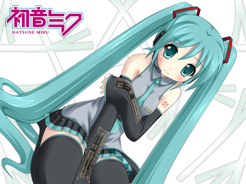 satomura izumi, hatsune miku, vocaloid, blush, detached sleeves, green eyes, green hair, long hair, necktie, sitting, skirt, solo, thighhighs, twintails, very long hair, zettai ryouiki