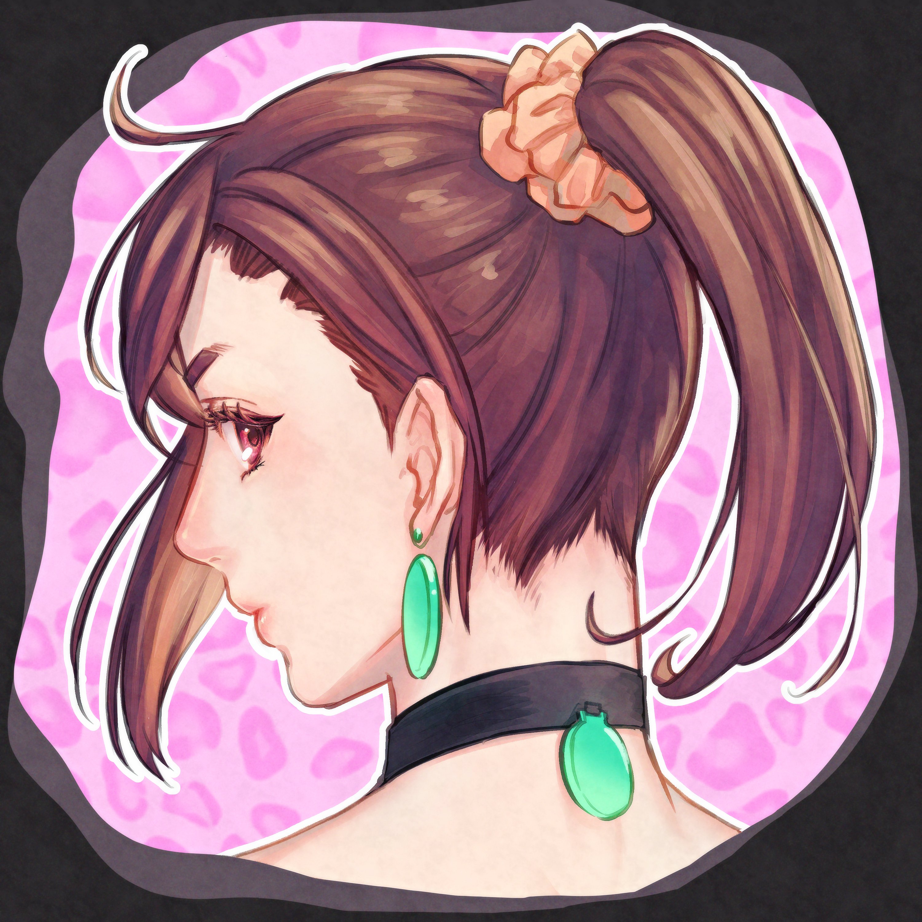 cariyacalco, ayase momo, dandadan, absurdres, commentary request, highres, 1girl, black choker, brown eyes, brown hair, choker, closed mouth, earrings, floating earrings, from behind, hair behind ear, hair ornament, hair scrunchie, high ponytail, jewelry, lips, looking at viewer, looking back, nape, official alternate hairstyle, pink lips, pink scrunchie, ponytail, portrait, profile, scrunchie, short hair, single sidelock, solo, upper body