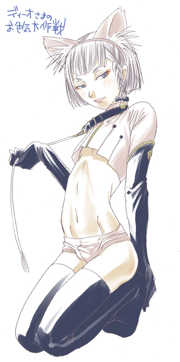 locon, dio eraclea, last exile, 00s, 1boy, animal ears, asymmetrical hair, bell, black thighhighs, blue eyes, blush, braid, bulge, cat boy, cat ears, collar, crossdressing, crossdressing (mtf), elbow gloves, gloves, hair bell, hair ornament, jingle bell, kneeling, latex, leash, makeup, male focus, midriff, navel, pale skin, short hair, short shorts, shorts, simple background, single braid, solo, thighhighs, trap, white hair