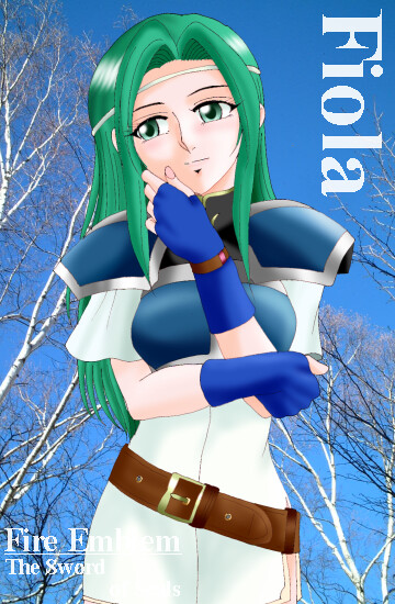hissaa (starlight express), fiora (fire emblem), fire emblem, fire emblem: the blazing blade, nintendo, pegasus knight uniform (fire emblem), 1girl, aqua eyes, aqua hair, armor, belt, character name, copyright name, female focus, fingerless gloves, gloves, green eyes, green hair, headband, long hair, matching hair/eyes, skirt, solo