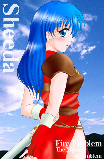 hissaa (starlight express), caeda (fire emblem), fire emblem, fire emblem: mystery of the emblem, nintendo, pegasus knight uniform (fire emblem), 1girl, armor, ass, blue eyes, blue hair, character name, copyright name, female focus, gloves, long hair, matching hair/eyes, side slit, solo, sword, weapon