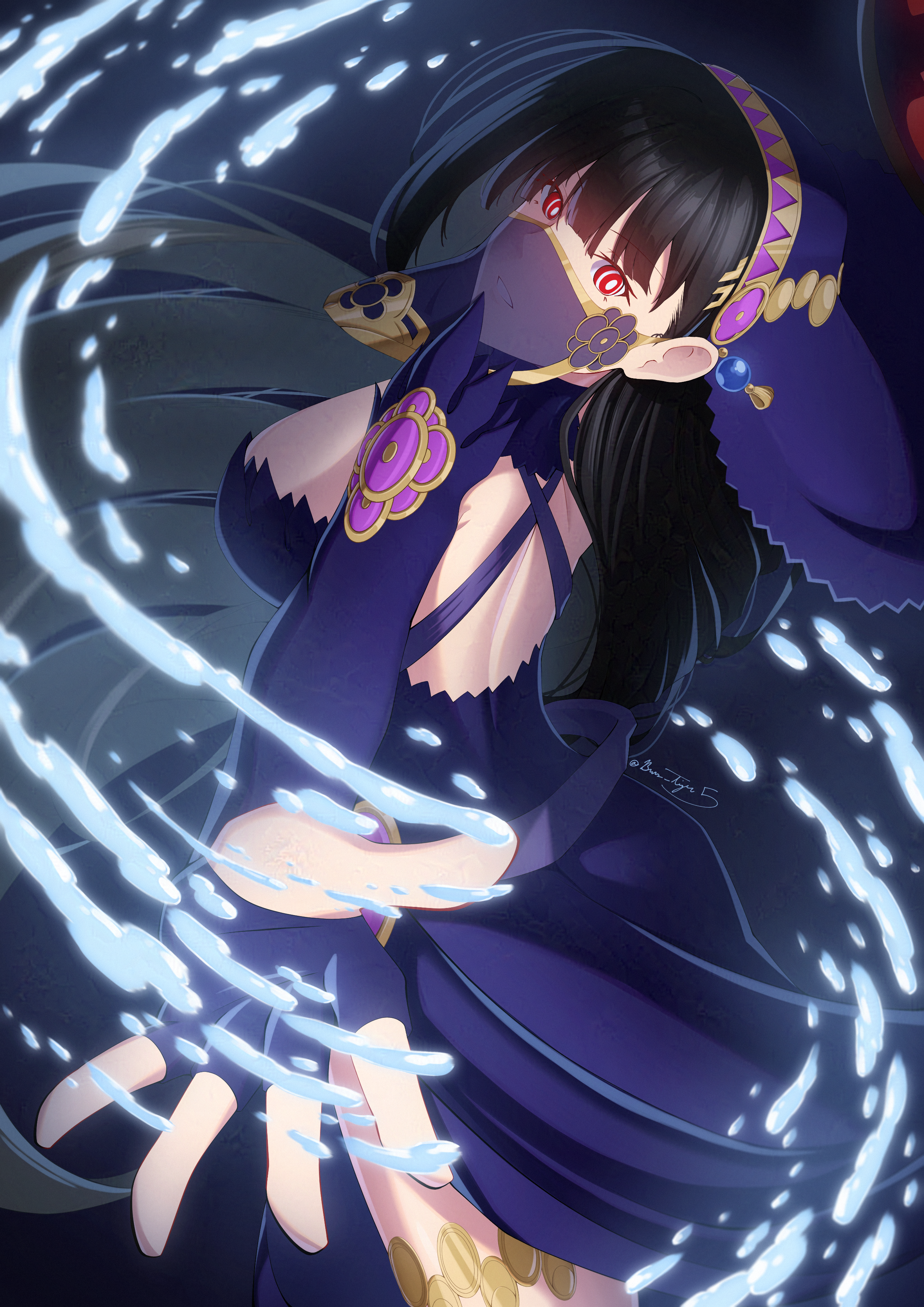 burns5, azura (fire emblem), azura (lady of ballads) (fire emblem), rio (blue archive), blue archive, fire emblem, fire emblem fates, nintendo, absurdres, highres, mixed-language commentary, 1girl, alternate costume, azura (fire emblem) (cosplay), black dress, black hair, breasts, cosplay, crossover, detached sleeves, dress, floating hair, hydrokinesis, jewelry, large breasts, long hair, red eyes, solo, twitter username, veil, water