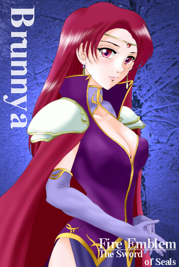hissaa (starlight express), brunnya (fire emblem), fire emblem, fire emblem: the binding blade, nintendo, 1girl, armor, breasts, cape, character name, circlet, cleavage, copyright name, covered erect nipples, earrings, elbow gloves, female focus, gloves, jewelry, long hair, red eyes, red hair, solo, white armor