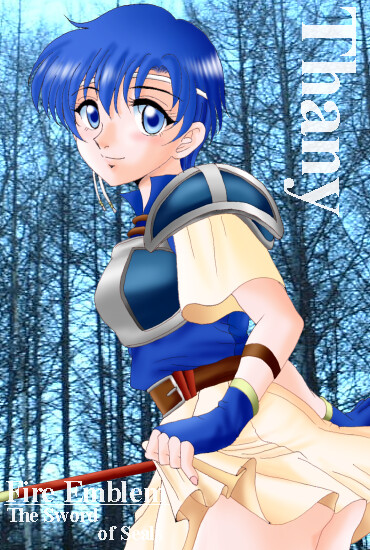 hissaa (starlight express), shanna (fire emblem), fire emblem, fire emblem: the binding blade, nintendo, pegasus knight uniform (fire emblem), 1girl, armor, bare tree, blue armor, blue eyes, blue hair, blush, character name, clothes lift, copyright name, female focus, forest, gloves, looking at viewer, matching hair/eyes, nature, photo background, polearm, short hair, skirt, skirt lift, solo, spear, tree, weapon