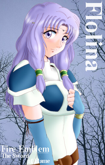 hissaa (starlight express), florina (fire emblem), fire emblem, fire emblem: the blazing blade, nintendo, 1girl, armor, belt, blue armor, character name, circlet, copyright name, dress, elbow gloves, female focus, fingerless gloves, gloves, long hair, purple eyes, purple hair, solo, tree, turtleneck, turtleneck dress