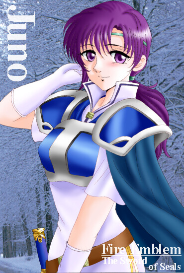 hissaa (starlight express), juno (fire emblem), fire emblem, fire emblem: the binding blade, nintendo, 1girl, armor, cape, character name, copyright name, female focus, gloves, long hair, ponytail, purple eyes, purple hair, solo, sword, weapon