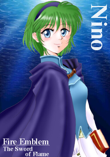 hissaa (starlight express), nino (fire emblem), fire emblem, fire emblem: the blazing blade, nintendo, 1girl, blue eyes, book, cape, character name, copyright name, female focus, green hair, hairband, short hair, skirt, solo