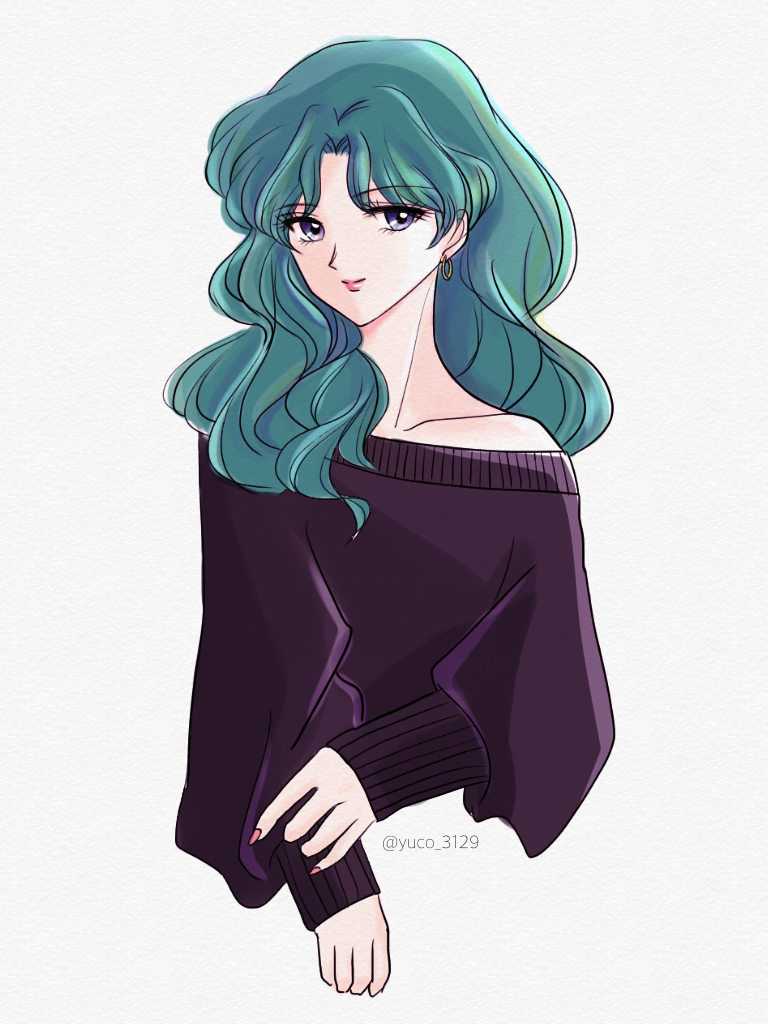 y-yazaki2406, kaiou michiru, bishoujo senshi sailor moon, aqua hair, black sweater, blue eyes, collarbone, earrings, hoop earrings, jewelry, lips, looking at viewer, parted hair, pink nails, sleeves past wrists, smile, sweater, wavy hair
