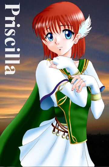 hissaa (starlight express), priscilla (fire emblem), fire emblem, fire emblem: the blazing blade, nintendo, 1girl, blue eyes, bob cut, cape, character name, copyright name, elbow gloves, female focus, gloves, red hair, short hair, skirt, solo, split mouth