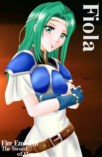 hissaa (starlight express), fiora (fire emblem), fire emblem, fire emblem: the blazing blade, nintendo, pegasus knight uniform (fire emblem), 1girl, aqua eyes, aqua hair, armor, belt, blue armor, character name, copyright name, crossed arms, female focus, fingerless gloves, gloves, green eyes, green hair, headband, long hair, matching hair/eyes, solo