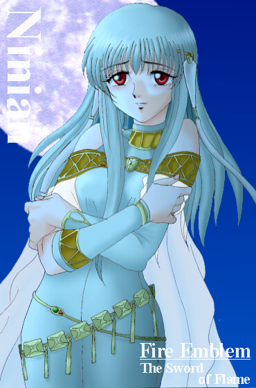hissaa (starlight express), ninian (fire emblem), fire emblem, fire emblem: the blazing blade, nintendo, 1girl, blue hair, character name, copyright name, dress, elbow gloves, female focus, gloves, long hair, moon, red eyes, solo, turtleneck, turtleneck dress