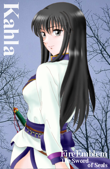 hissaa (starlight express), karla (fire emblem), fire emblem, fire emblem: the blazing blade, nintendo, 1girl, black eyes, black hair, character name, copyright name, female focus, katana, long hair, solo, split mouth, sword, weapon