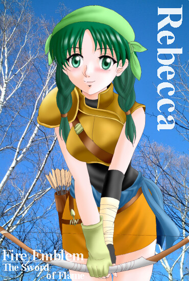 hissaa (starlight express), rebecca (fire emblem), fire emblem, fire emblem: the blazing blade, nintendo, 1girl, arrow (projectile), bandana, bow (weapon), braid, character name, copyright name, female focus, green eyes, green hair, hair over shoulder, matching hair/eyes, photo background, skirt, solo, twin braids, twintails, weapon