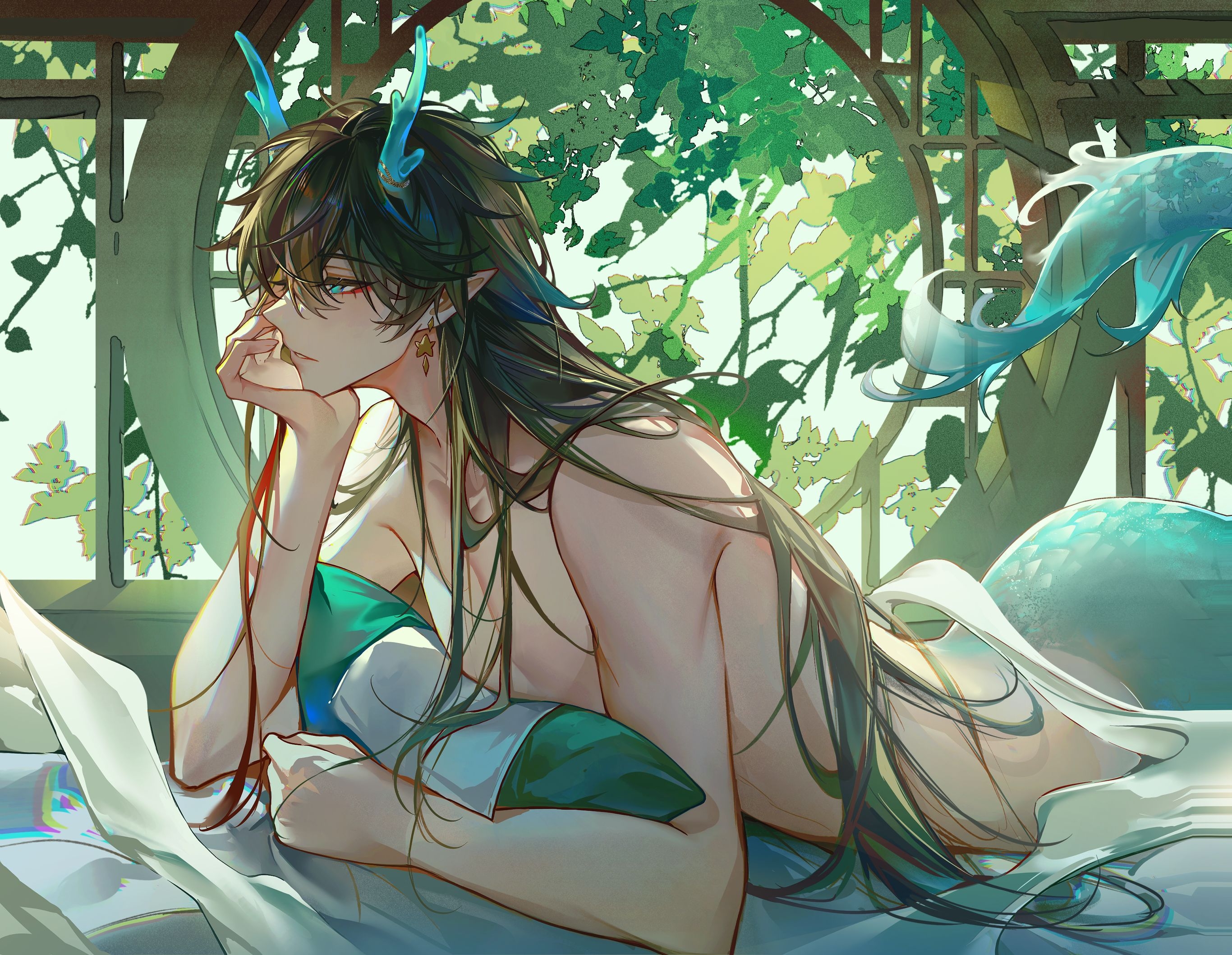 yin01582942, dan heng (honkai: star rail), dan heng (imbibitor lunae) (honkai: star rail), honkai: star rail, honkai (series), artist request, highres, source request, 1boy, aqua eyes, black hair, closed mouth, dragon boy, dragon horns, earrings, eyeliner, hair between eyes, horns, jewelry, long hair, makeup, male focus, nude, pointy ears, red eyeliner, solo, topless male
