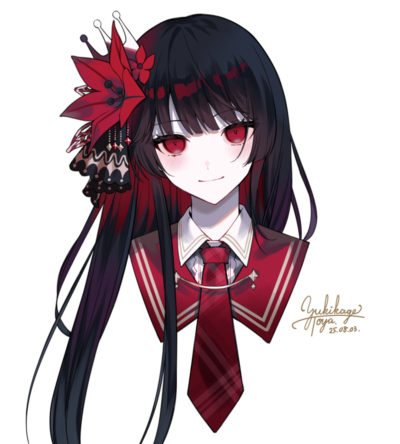 nikaidou hiro, mahou shoujo no majo saiban, commentary request, 1girl, black hair, blunt bangs, closed mouth, cropped shoulders, crown, flower, hair flower, hair ornament, kiri (fog kai), long hair, looking at viewer, magical girl, necktie, pale skin, portrait, red eyes, red flower, red necktie, signature, simple background, smile, solo, white background