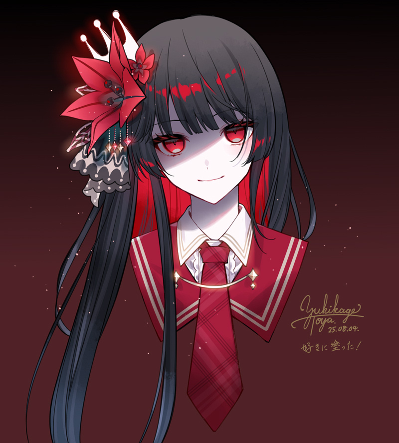 nikaidou hiro, mahou shoujo no majo saiban, commentary request, 1girl, black hair, blunt bangs, closed mouth, cropped shoulders, crown, flower, gradient background, hair flower, hair ornament, kiri (fog kai), long hair, looking at viewer, magical girl, necktie, pale skin, portrait, red eyes, red flower, red necktie, shaded face, signature, smile, solo
