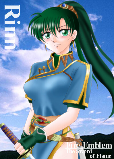 hissaa (starlight express), lyn (fire emblem), fire emblem, fire emblem: the blazing blade, nintendo, 1girl, character name, copyright name, female focus, gloves, green eyes, green hair, high ponytail, katana, long hair, matching hair/eyes, ponytail, solo, sword, weapon