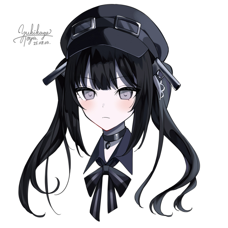 mahou shoujo no majo saiban, commentary request, 1girl, black choker, black hair, black hat, black ribbon, blunt bangs, choker, closed mouth, cropped shoulders, expressionless, goggles, goggles on headwear, grey eyes, hat, kiri (fog kai), kurobe nanoka, long hair, looking at viewer, magical girl, neck ribbon, pale skin, portrait, ribbon, signature, simple background, solo, twintails, white background