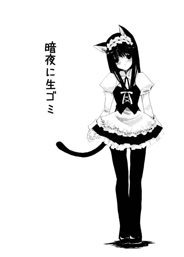 ganges gawa, ganges river, 1girl, animal ears, blush, cat ears, female focus, greyscale, maid, monochrome, pantyhose, solo