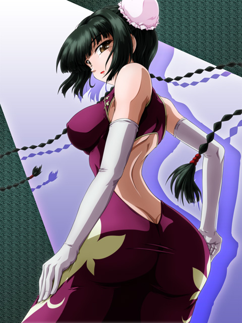 tanan, wang liu mei, gundam, gundam 00, 00s, 1girl, ass, backless outfit, bare shoulders, black hair, braid, bun cover, butt crack, china dress, chinese clothes, curvy, dress, elbow gloves, female focus, gloves, long hair, solo, twin braids, yellow eyes