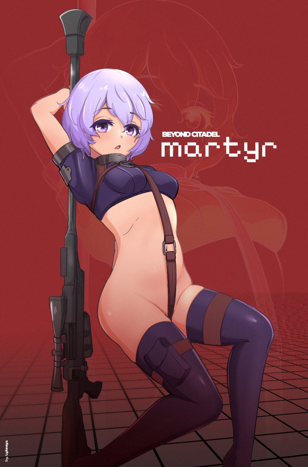 martyr (the citadel), beyond citadel, the citadel, artist name, bra, crotch strap, gun, purple bra, purple eyes, purple hair, purple thighhighs, revealing clothes, rifle, short hair, short sleeves, sniper rifle, thighhighs, underwear, weapon