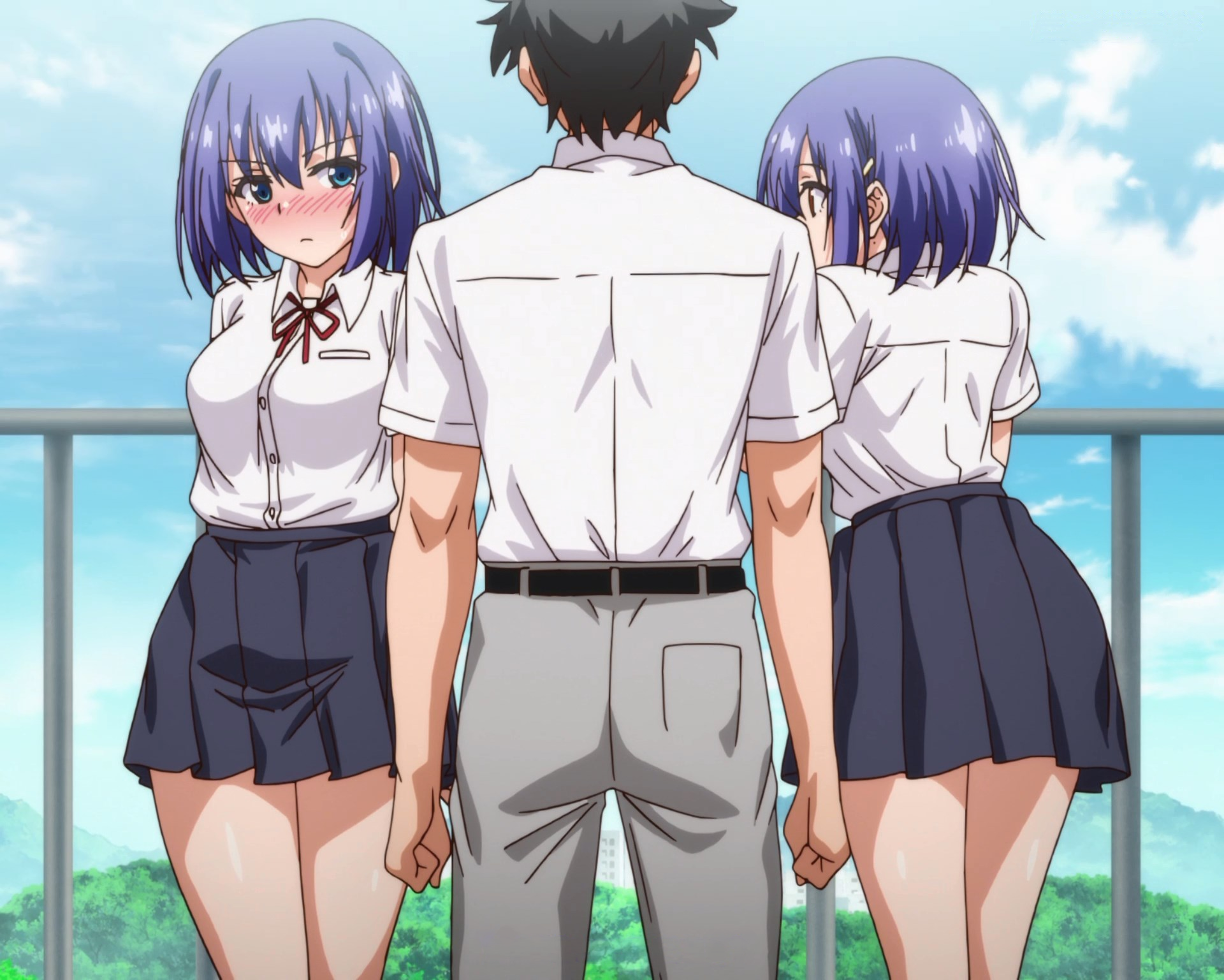 hayato (kaede to suzu), hoshizuki kaede, hoshizuki suzu, kaede to suzu, love me, anime screenshot, highres, stitched, third-party edit, 1boy, 2girls, arms behind back, blue eyes, blue hair, blush, breasts, full body, hair ornament, hetero, multiple girls, orange eyes, rooftop, school, school roof, school uniform, serafuku, short hair, siblings, sisters, skirt, standing, thighhighs, thighs, twins, white thighhighs