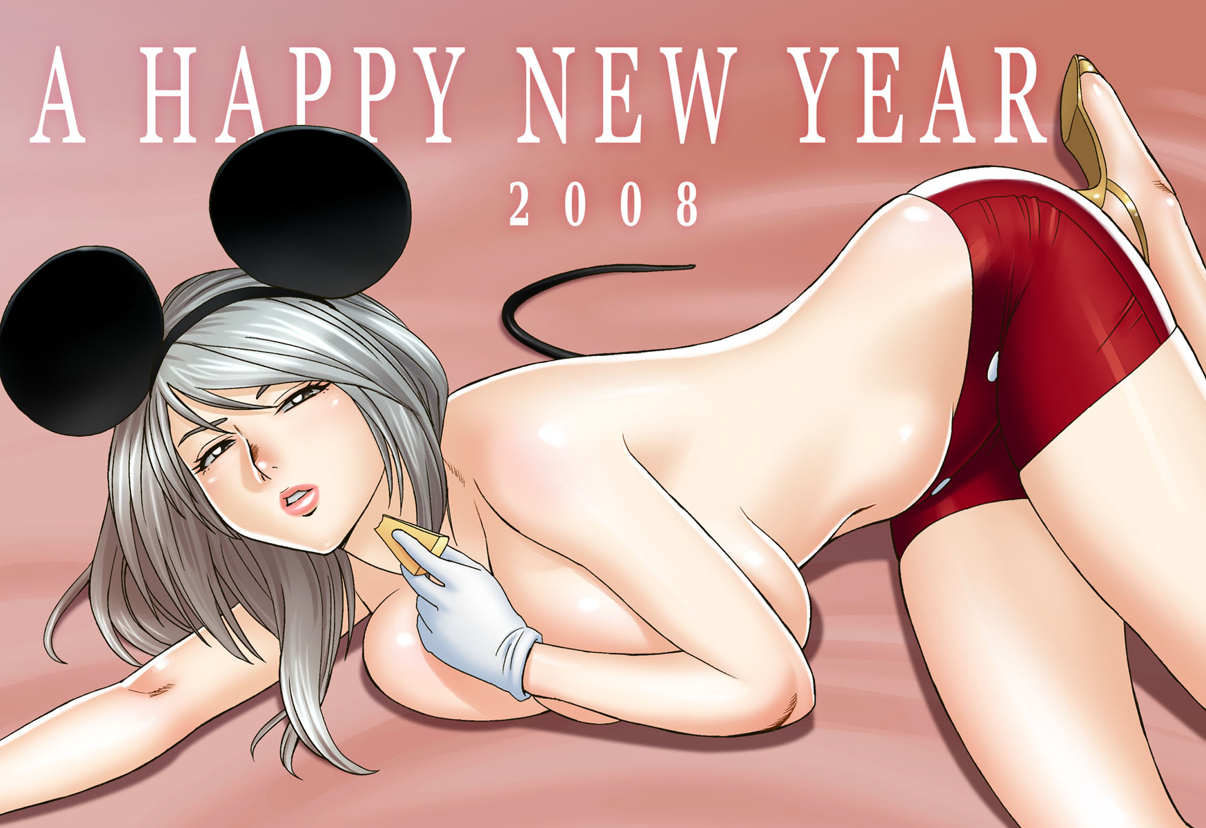 tatsunami youtoku, mickey mouse, disney, mickey mouse & friends, highres, 00s, 1girl, 2008, animal ears, breasts, cheese, cosplay, female focus, food, grey hair, high heel sandals, high heels, huge breasts, large breasts, lying, mickey mouse (cosplay), mouse ears, new year, open shoes, sandals, shoes, solo, topless female