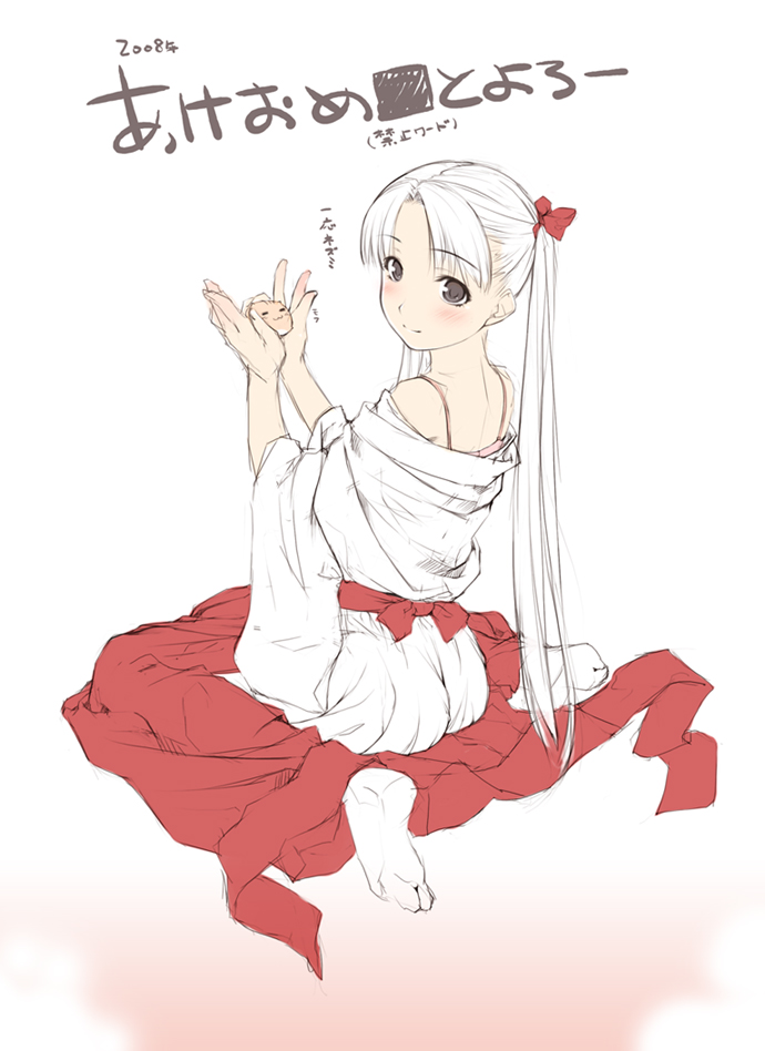 ooji, translated, 1girl, :3, ass, blush, bra, female focus, hair ribbon, hakama, hakama skirt, japanese clothes, lingerie, long hair, looking back, miko, monochrome, new year, partially colored, red hakama, ribbon, sitting, sketch, skirt, smile, solo, tabi, twintails, underwear, wariza