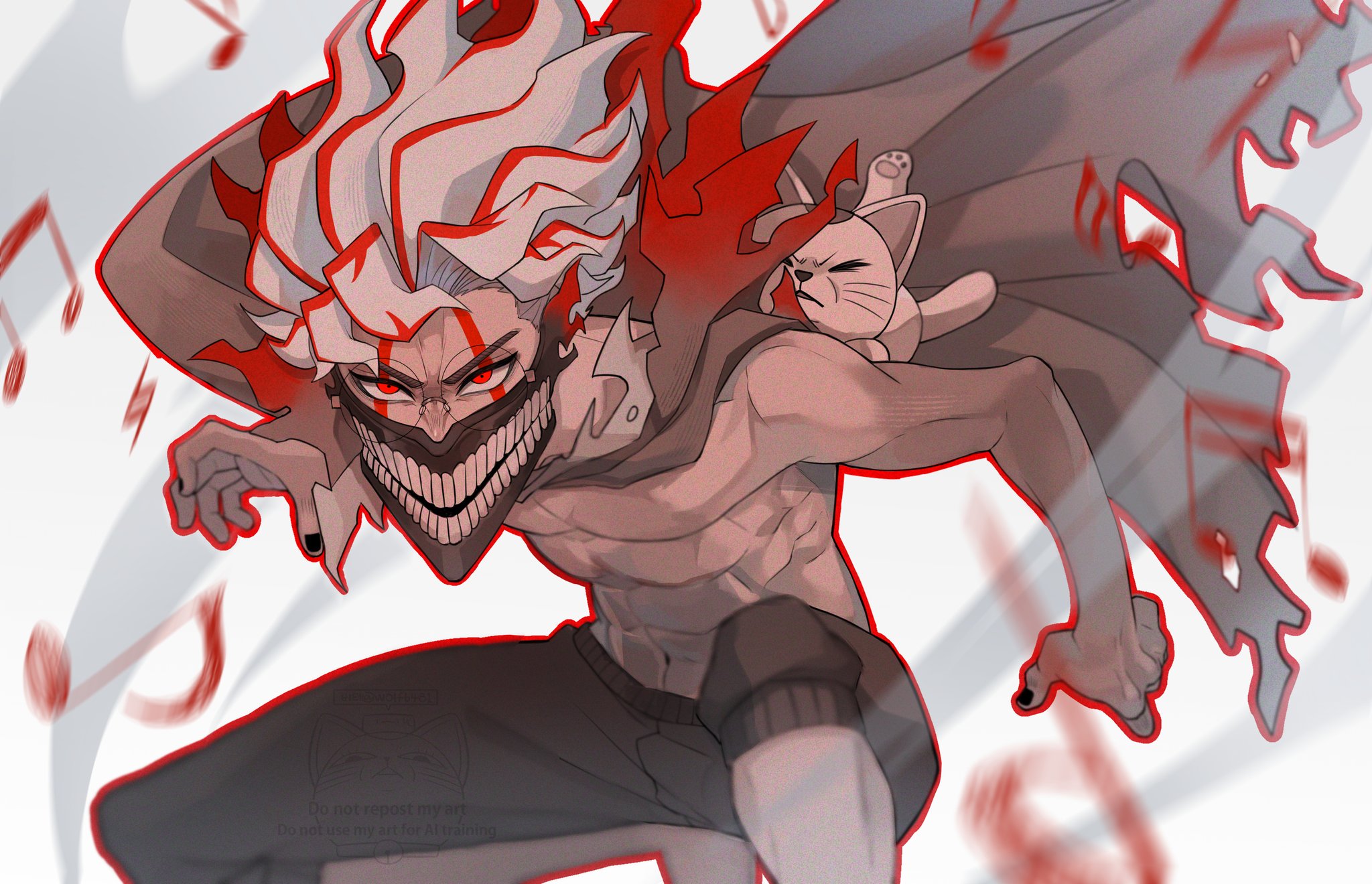 wolf6481, takakura ken (dandadan), takakura ken (transformed) (dandadan), turbo granny (dandadan), dandadan, hashtag-only commentary, highres, 1boy, 1girl, abs, black cape, black nails, black pants, blurry, blurry background, blurry foreground, cape, colored skin, facial mark, feet out of frame, glasses, grey skin, looking at viewer, maneki-neko, mask, mouth mask, multicolored hair, musical note, pants, pectorals, red eyes, red hair, round eyewear, squatting, toned, toned male, topless male, torn cape, torn clothes, transformation, two-tone hair, white hair