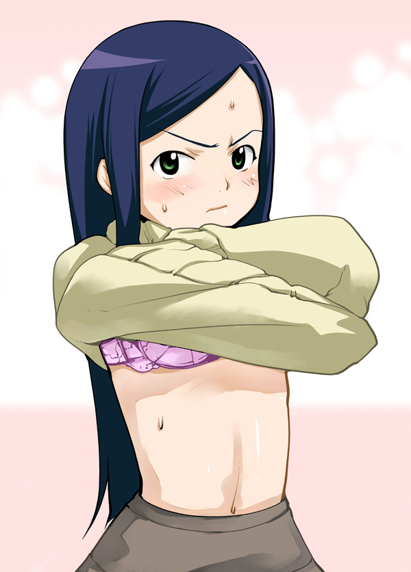 mizu, kuga natsuki, my-hime, 00s, blue hair, bra, green eyes, lingerie, long hair, solo, sweater, underwear, undressing