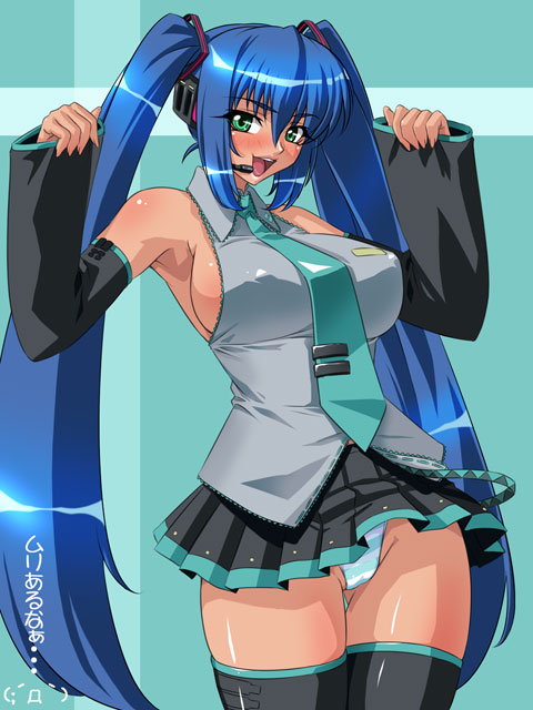 kagami hirotaka, emina (emina&aki), hatsune miku, emina&aki, original, vocaloid, 1girl, blue hair, blush, breasts, cosplay, female focus, green eyes, hatsune miku (cosplay), huge breasts, large breasts, long hair, panties, pantyshot, solo, striped clothes, striped panties, thighhighs, twintails, underwear, very long hair