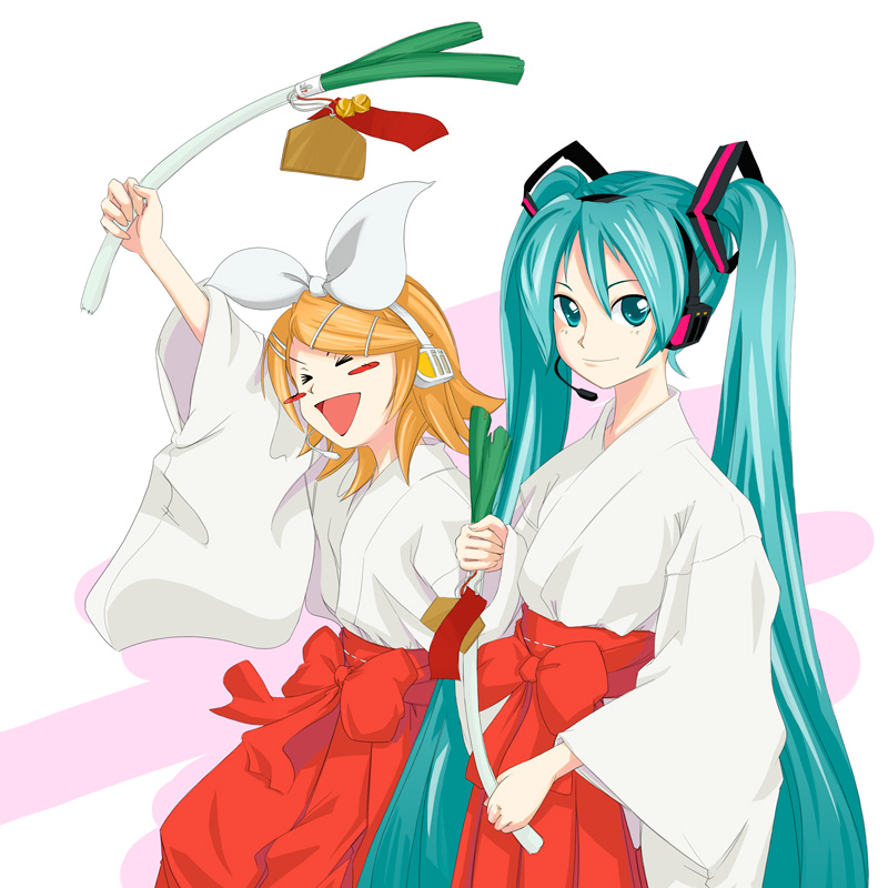 takahashi ren, hatsune miku, kagamine rin, vocaloid, 2girls, aqua hair, hakama, hakama skirt, japanese clothes, long hair, miko, multiple girls, red hakama, skirt, spring onion, twintails, very long hair