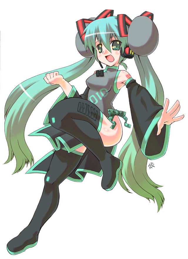 hatsune miku, vocaloid, 1girl, bare shoulders, black thighhighs, blush, breasts, china dress, chinese clothes, dress, female focus, long hair, side slit, simple background, smile, solo, thighhighs, twintails, very long hair