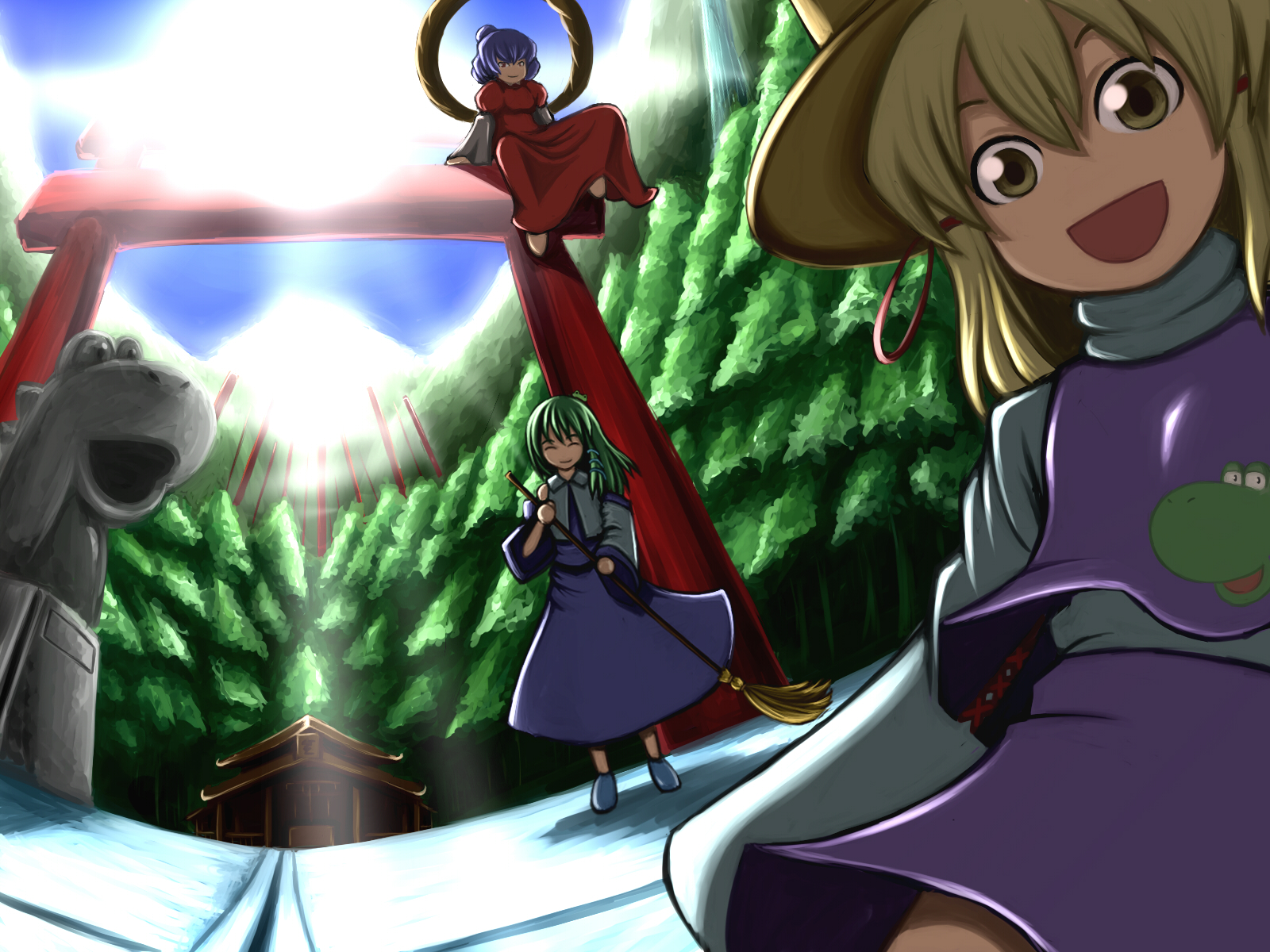 katagi ren, kochiya sanae, moriya suwako, yasaka kanako, yoshi, mario (series), nintendo, touhou, highres, 3girls, broom, crossover, multiple girls, outdoors, rope, shimenawa, shrine, sky, sun, sunlight, torii, tree