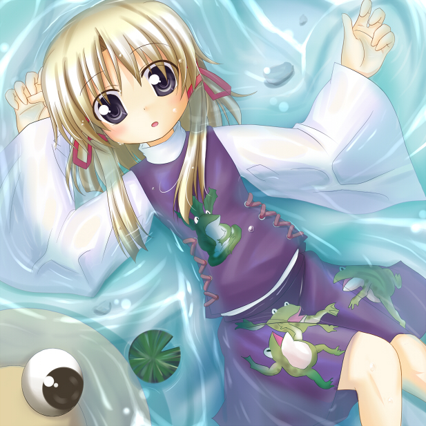 makino (ukiuo), moriya suwako, touhou, 1girl, female focus, lying, solo, water, wet, wet clothes