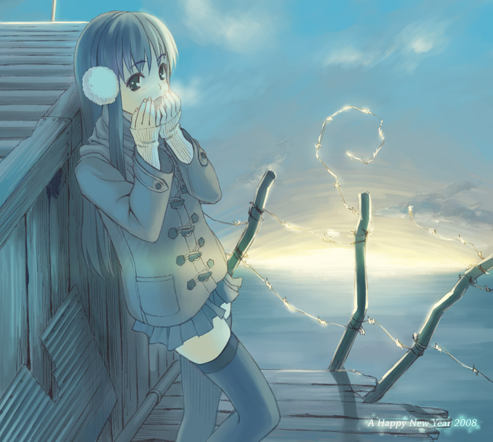 oryo (oryo04), original, 1girl, coat, female focus, outdoors, sky, solo, thighhighs, zettai ryouiki